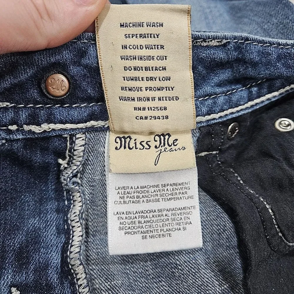 Miss Me Low Rise Distressed Denim Straight Jeans 28 Studded Flap Pockets Bling - Picture 12 of 12